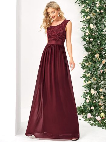 Classic Round Neck V Back Lace Bodice Bridesmaid Dress - Burgundy