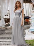 Classic Round Neck V Back Lace Bodice Bridesmaid Dress – Grey