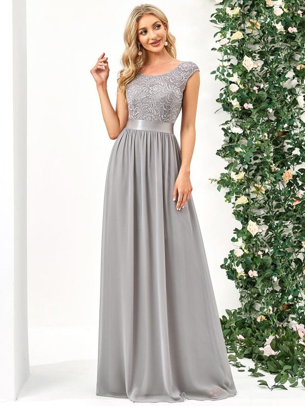 Classic Round Neck V Back Lace Bodice Bridesmaid Dress - Grey