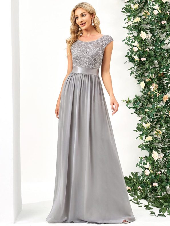 Classic Round Neck V Back Lace Bodice Bridesmaid Dress - Grey