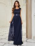 Classic Round Neck V Back Lace Bodice Bridesmaid Dress – Navy Blue