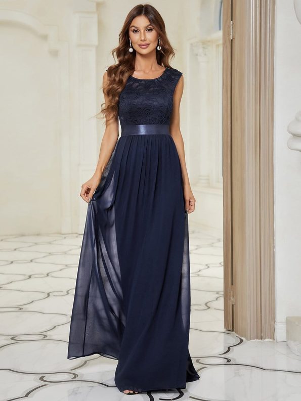 Classic Round Neck V Back Lace Bodice Bridesmaid Dress - Navy Blue