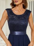 Classic Round Neck V Back Lace Bodice Bridesmaid Dress – Navy Blue