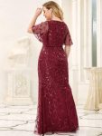 Fashion Plus Size V Neck Mermaid Sequin & Tulle Evening Dress – Burgundy