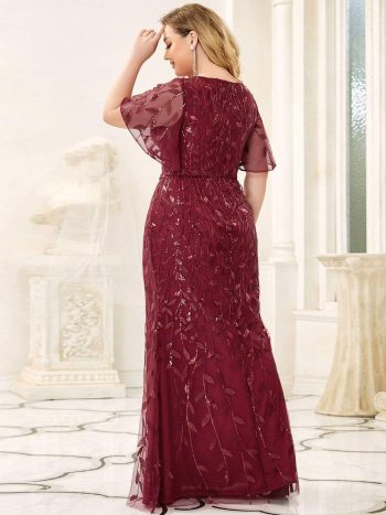 Fashion Plus Size V Neck Mermaid Sequin & Tulle Evening Dress - Burgundy