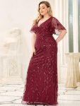 Fashion Plus Size V Neck Mermaid Sequin & Tulle Evening Dress – Burgundy