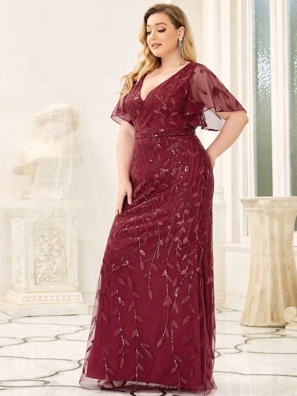 Fashion Plus Size V Neck Mermaid Sequin & Tulle Evening Dress - Burgundy