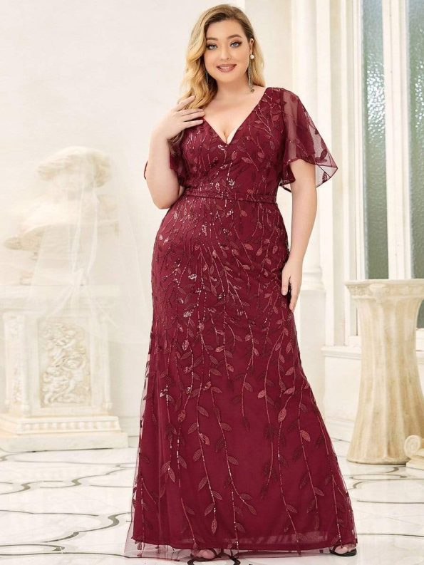 Fashion Plus Size V Neck Mermaid Sequin & Tulle Evening Dress - Burgundy