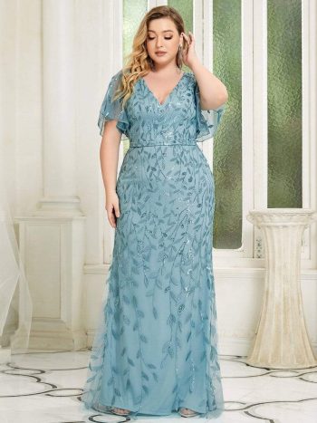 Fashion Plus Size V Neck Mermaid Sequin & Tulle Evening Dress - Dusty Blue