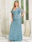 Fashion Plus Size V Neck Mermaid Sequin & Tulle Evening Dress – Dusty Blue