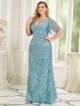 Fashion Plus Size V Neck Mermaid Sequin & Tulle Evening Dress – Dusty Blue