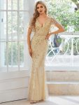 Gorgeous V Neck Leaf-Sequined Fishtail Party Dress – Gold