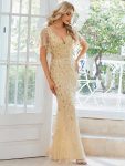 Gorgeous V Neck Leaf-Sequined Fishtail Party Dress – Gold