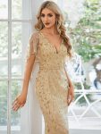 Gorgeous V Neck Leaf-Sequined Fishtail Party Dress – Gold