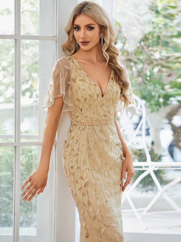 Gorgeous V Neck Leaf-Sequined Fishtail Party Dress - Gold