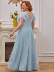 Double V Neck Long Lace Evening Dress with Ruffle Sleeves – Sky Blue