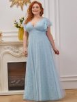 Double V Neck Long Lace Evening Dress with Ruffle Sleeves – Sky Blue