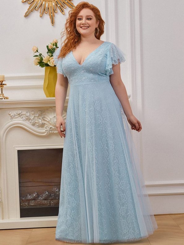 Double V Neck Long Lace Evening Dress with Ruffle Sleeves - Sky Blue