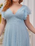 Double V Neck Long Lace Evening Dress with Ruffle Sleeves – Sky Blue