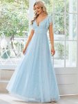 Double V Neck Long Lace Evening Dress with Ruffle Sleeves – Sky Blue