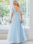 Double V Neck Long Lace Evening Dress with Ruffle Sleeves – Sky Blue