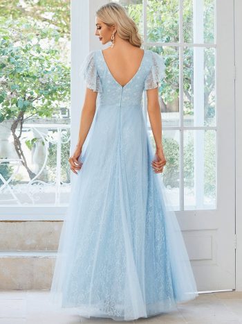 Double V Neck Long Lace Evening Dress with Ruffle Sleeves - Sky Blue