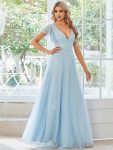 Double V Neck Long Lace Evening Dress with Ruffle Sleeves – Sky Blue