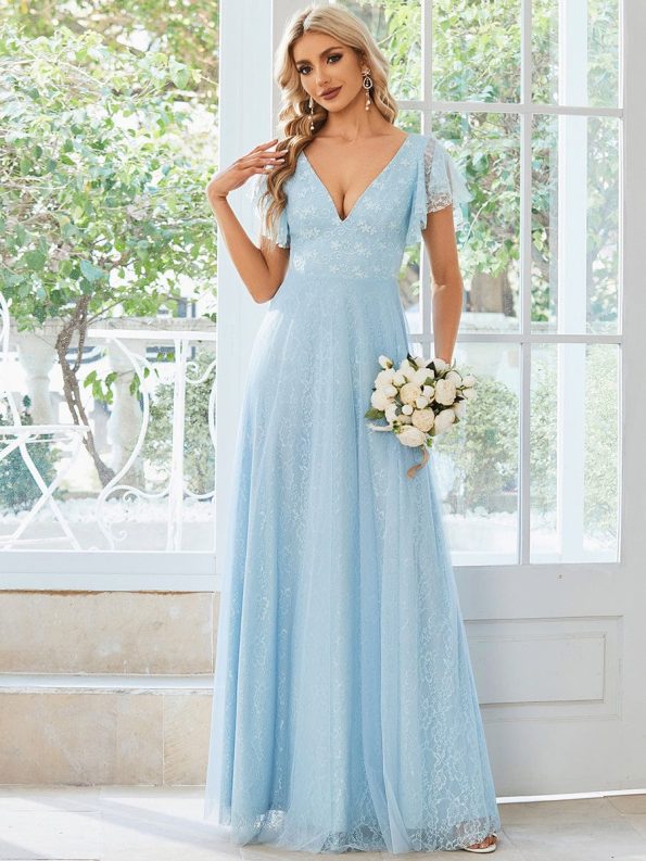 Double V Neck Long Lace Evening Dress with Ruffle Sleeves - Sky Blue