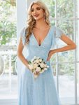 Double V Neck Long Lace Evening Dress with Ruffle Sleeves – Sky Blue