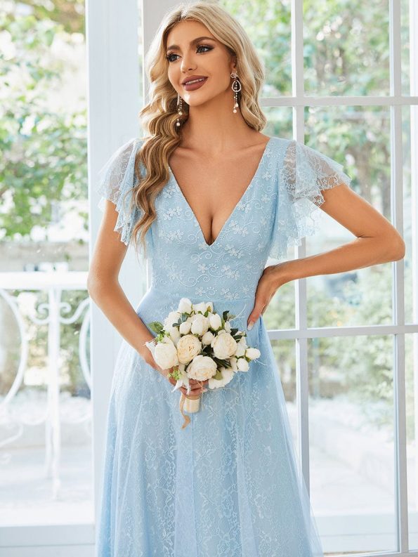 Double V Neck Long Lace Evening Dress with Ruffle Sleeves - Sky Blue