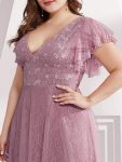 Double V Neck Long Lace Evening Dress with Ruffle Sleeves – Purple Orchid