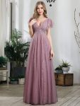 Double V Neck Long Lace Evening Dress with Ruffle Sleeves – Purple Orchid