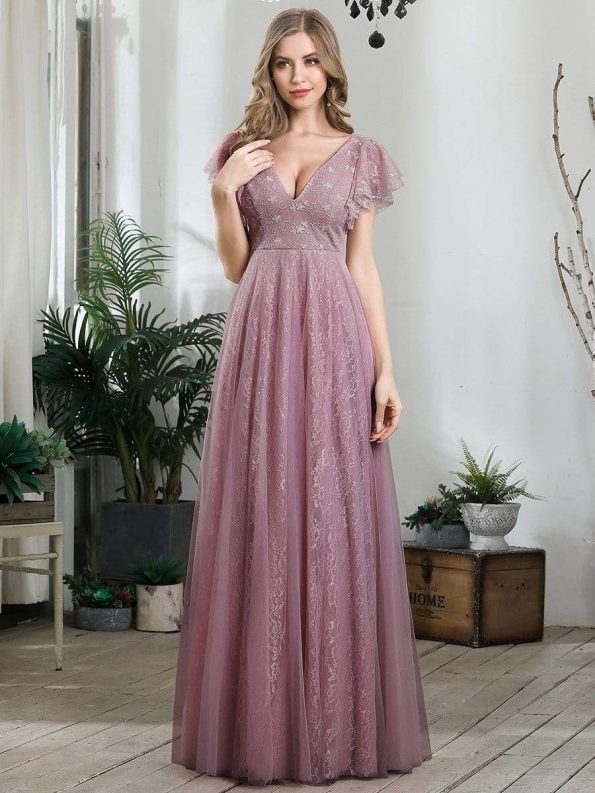 Double V Neck Long Lace Evening Dress with Ruffle Sleeves - Purple Orchid