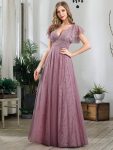 Double V Neck Long Lace Evening Dress with Ruffle Sleeves - Purple Orchid