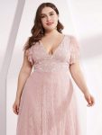 Double V Neck Long Lace Evening Dress with Ruffle Sleeves – Pink