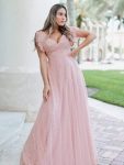 Double V Neck Long Lace Evening Dress with Ruffle Sleeves – Pink