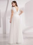 Double V Neck Long Lace Evening Dress with Ruffle Sleeves – White