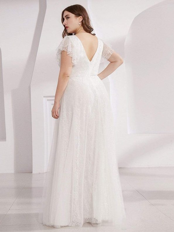 Double V Neck Long Lace Evening Dress with Ruffle Sleeves - White