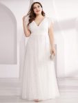 Double V Neck Long Lace Evening Dress with Ruffle Sleeves – White