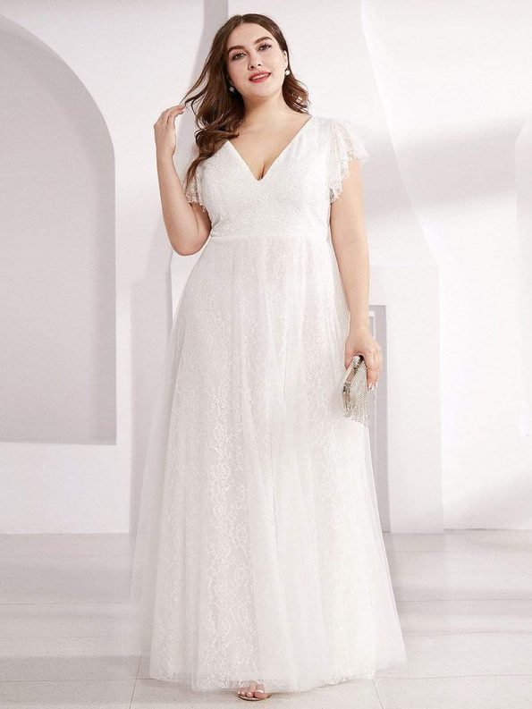 Double V Neck Long Lace Evening Dress with Ruffle Sleeves - White