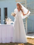 Double V Neck Long Lace Evening Dress with Ruffle Sleeves – White