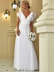 Double V Neck Long Lace Evening Dress with Ruffle Sleeves - White