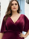 Elegant Double V Neck Velvet Party Dress with Sleeves – Burgundy