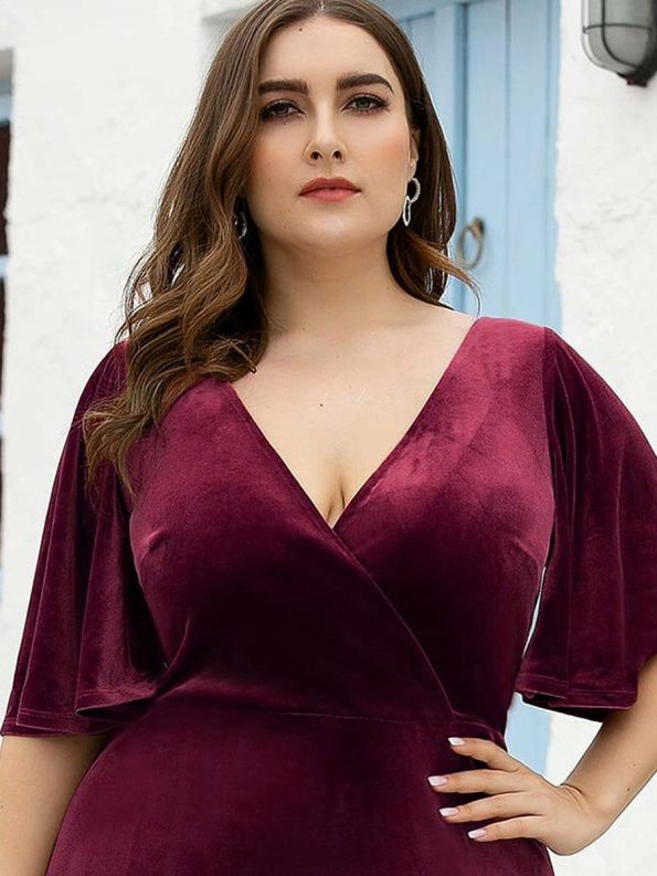 Elegant Double V Neck Velvet Party Dress with Sleeves - Burgundy