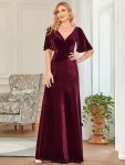 Elegant Double V Neck Velvet Party Dress with Sleeves – Burgundy