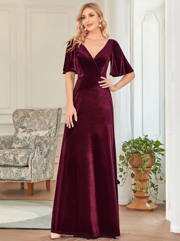 Elegant Double V Neck Velvet Party Dress with Sleeves - Burgundy