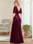 Elegant Double V Neck Velvet Party Dress with Sleeves – Burgundy