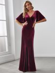 Elegant Double V Neck Velvet Party Dress with Sleeves – Burgundy