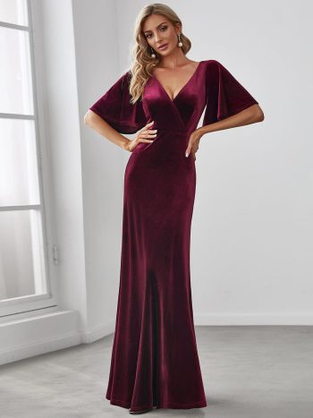 Elegant Double V Neck Velvet Party Dress with Sleeves - Burgundy