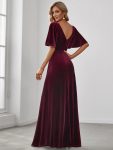 Elegant Double V Neck Velvet Party Dress with Sleeves – Burgundy